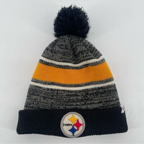 NFL x ‘47 Brand Kid’s Pittsburgh Steelers Black Gold Knit Pom Pom Beanie Hat OS - Picture 8 of 9